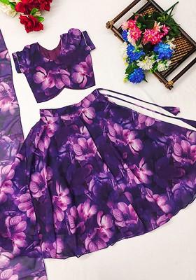 Purple Printed Blended Lehenga Choli For Girls