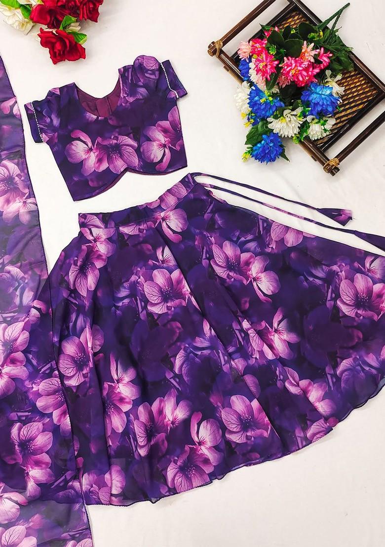 Purple Printed Blended Lehenga Choli For Girls - Indya