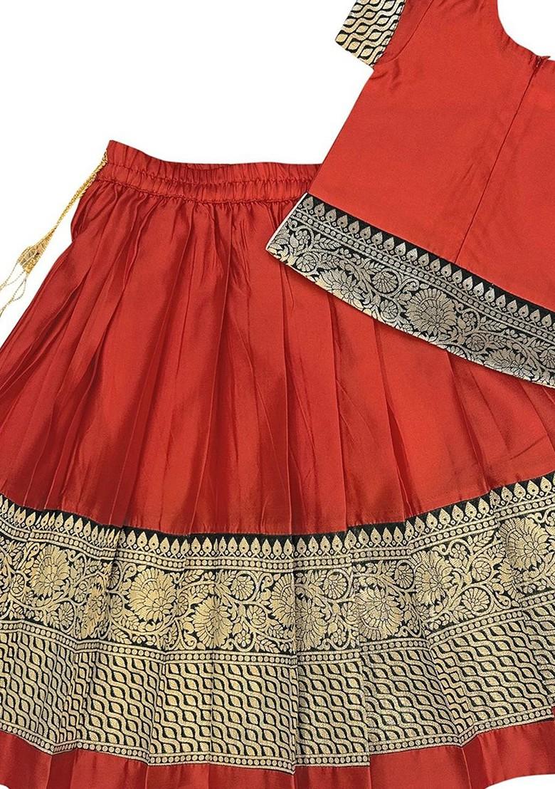 Red Zari Blended Lehenga Choli For Girls - Indya