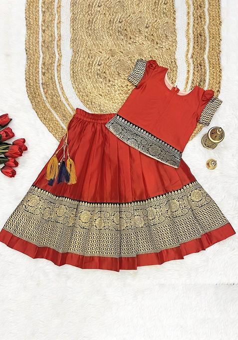 Red Zari Blended Lehenga Choli For Girls — view on Indya