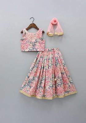 Peach Printed Blended Lehenga Choli For Girls