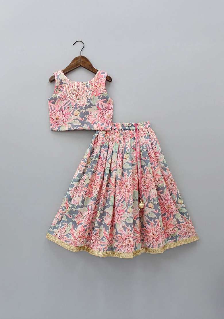 Peach Printed Blended Lehenga Choli For Girls - Indya
