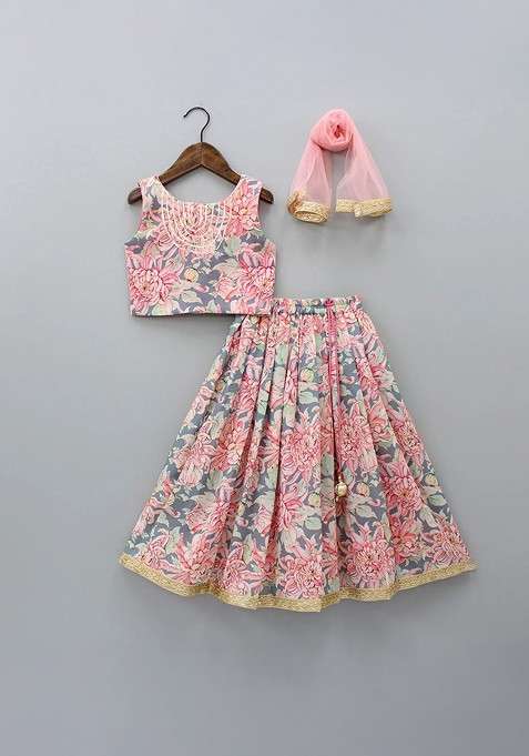 Peach Printed Blended Lehenga Choli For Girls