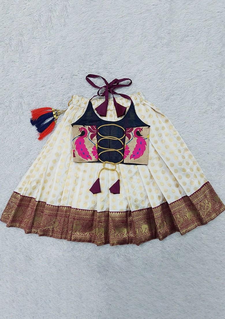 Burgundy Embroidered Blended Lehenga Choli For Girls - Indya