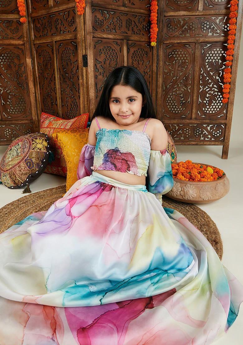 White Printed Blended Lehenga Choli For Girls - Indya