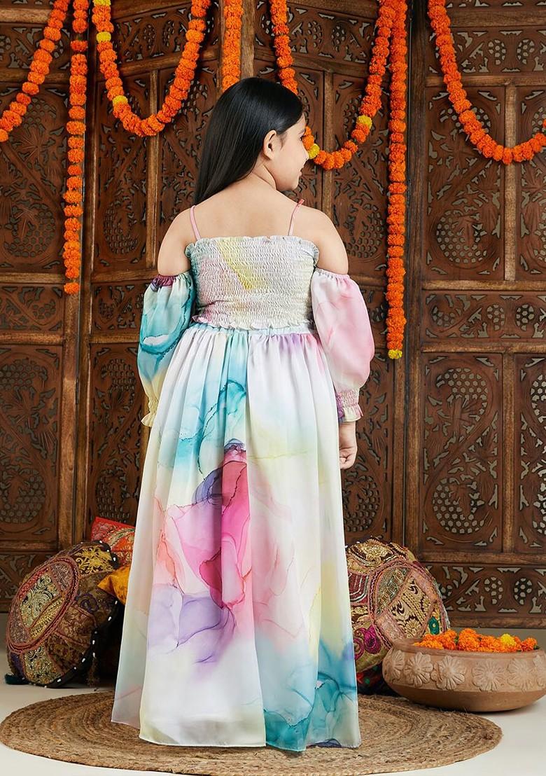 White Printed Blended Lehenga Choli For Girls - Indya