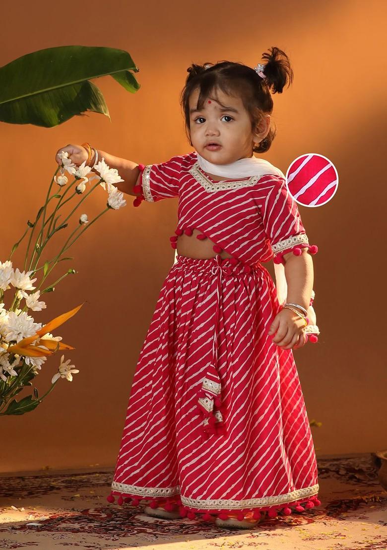 Pink Printed Blended Lehenga Choli For Girls - Indya