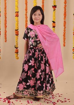 Black Printed Cotton Blend Lehenga Choli For Girls