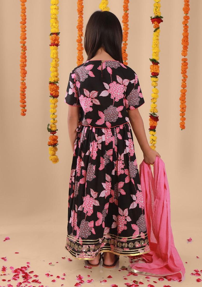 Black Printed Cotton Blend Lehenga Choli For Girls - Indya