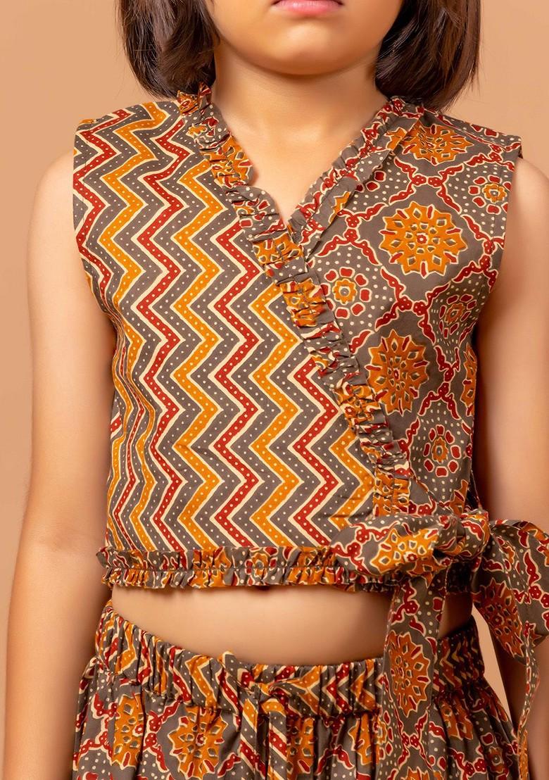 Yellow Printed Cotton Blend Lehenga Choli For Girls - Indya