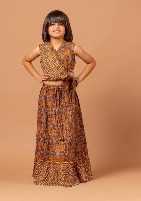 Yellow Printed Cotton Blend Lehenga Choli For Girls — view on Indya