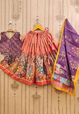 Orange Printed Blended Lehenga Choli For Girls