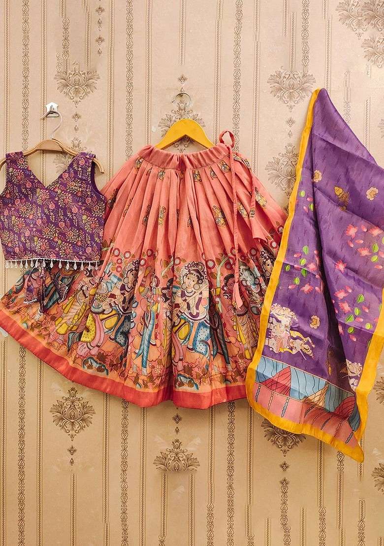 Orange Printed Blended Lehenga Choli For Girls - Indya