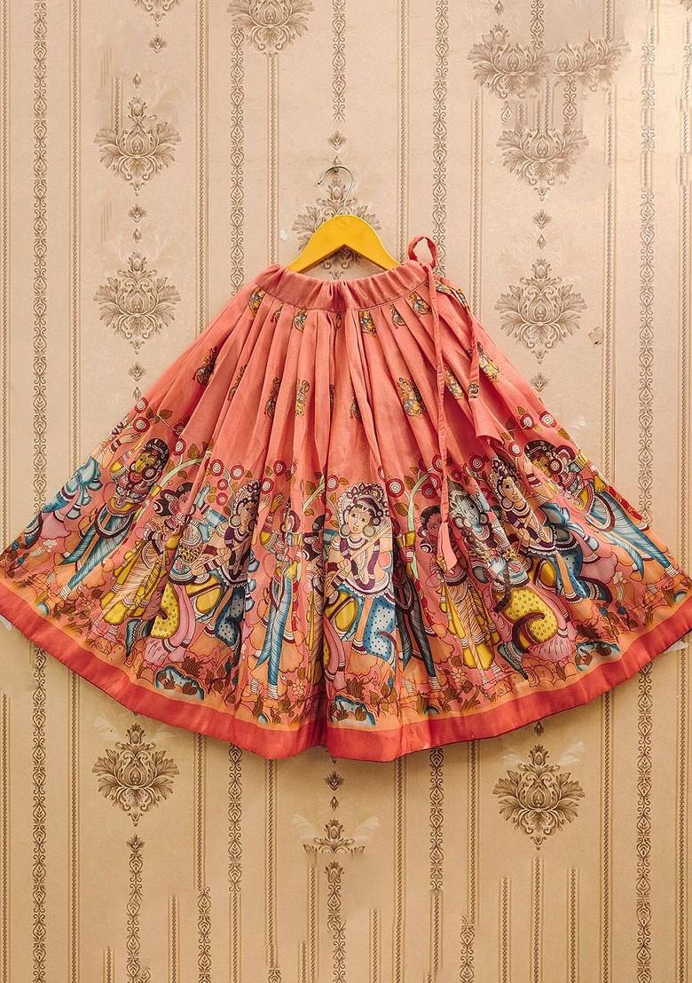 Orange Printed Blended Lehenga Choli For Girls - Indya