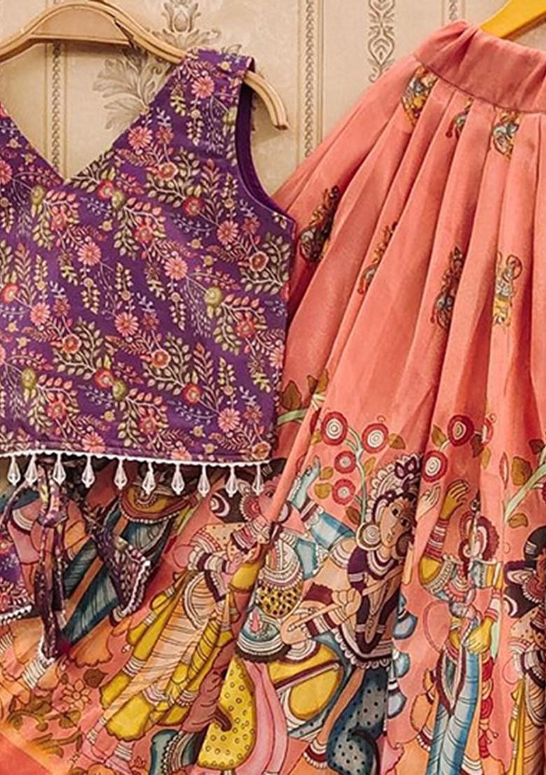 Orange Printed Blended Lehenga Choli For Girls - Indya
