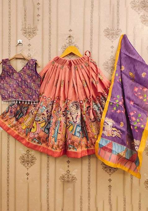 Orange Printed Blended Lehenga Choli For Girls