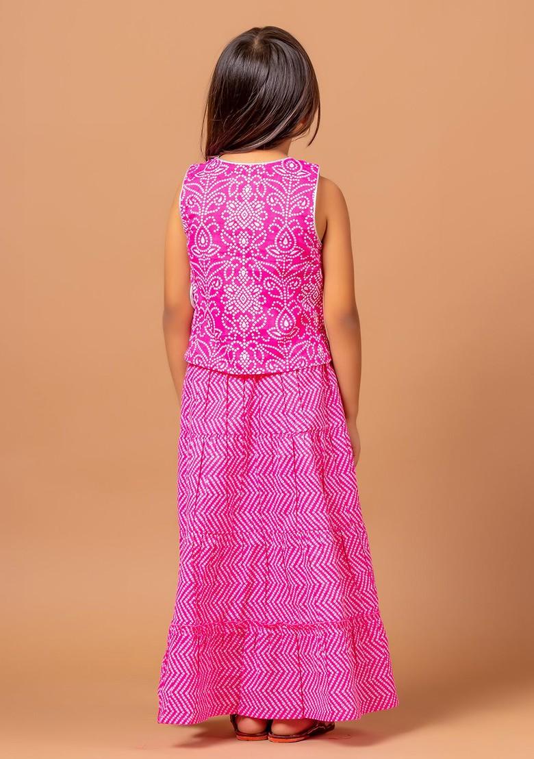 Pink Printed Cotton Blend Lehenga Choli For Girls - Indya