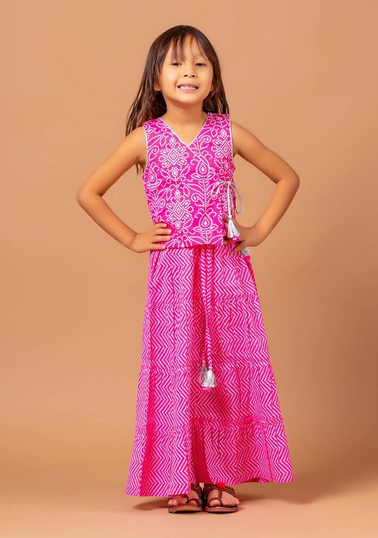 Pink Printed Cotton Blend Lehenga Choli For Girls - Indya