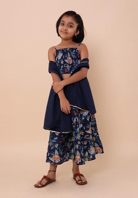 Navy Blue Printed Cotton Blend Lehenga Choli For Girls — view on Indya