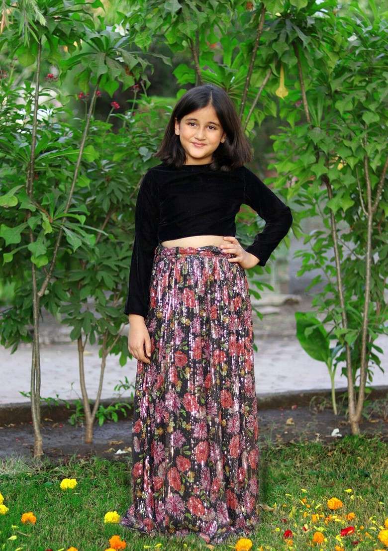 Black Embroidered Blended Lehenga Choli For Girls - Indya