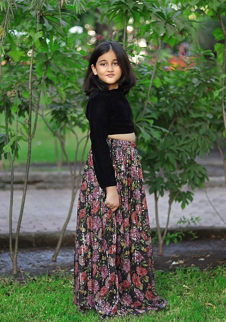 Black Embroidered Blended Lehenga Choli For Girls - Indya