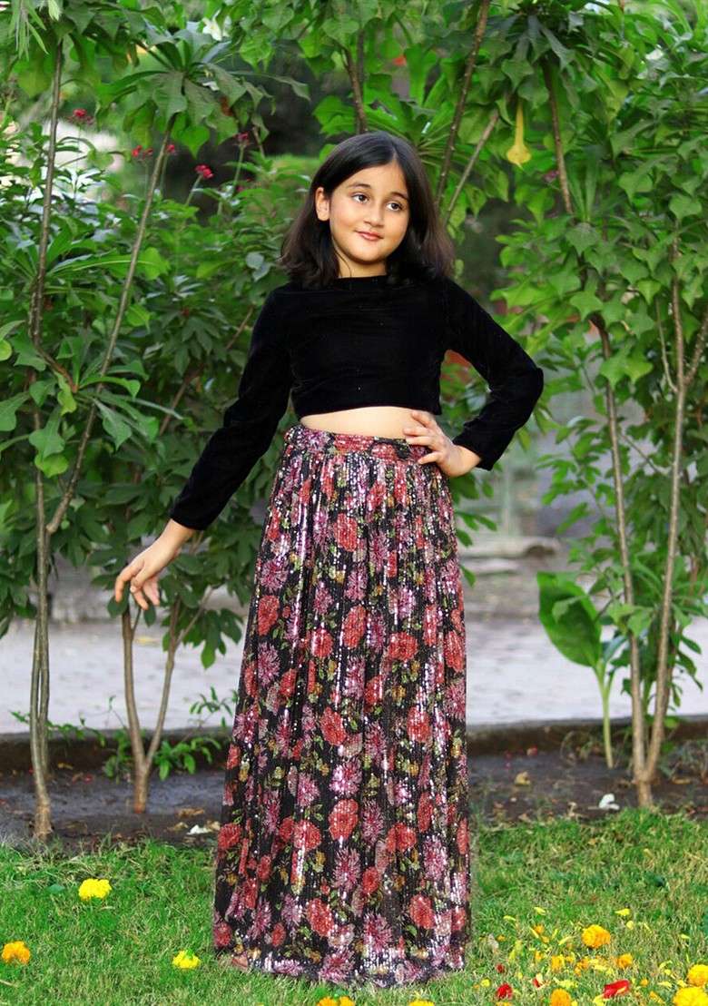 Black Embroidered Blended Lehenga Choli For Girls - Indya