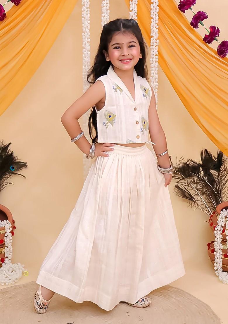 Off White Printed Cotton Blend Lehenga Choli For Girls - Indya