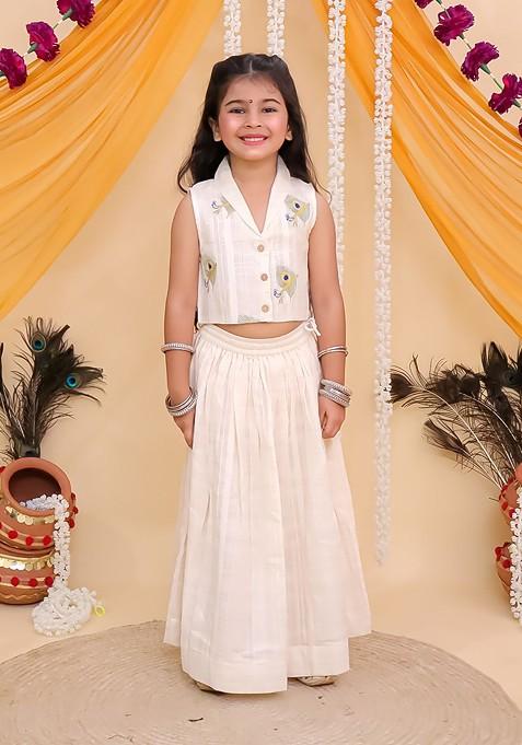 Off White Printed Cotton Blend Lehenga Choli For Girls — view on Indya
