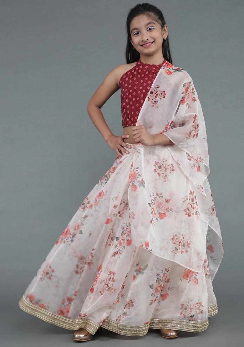 Red Printed Blended Lehenga Choli For Girls - Indya