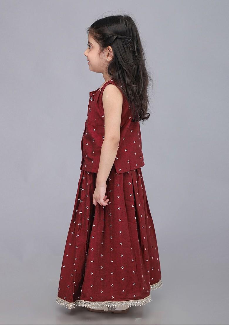 Red Printed Blended Lehenga Choli For Girls - Indya