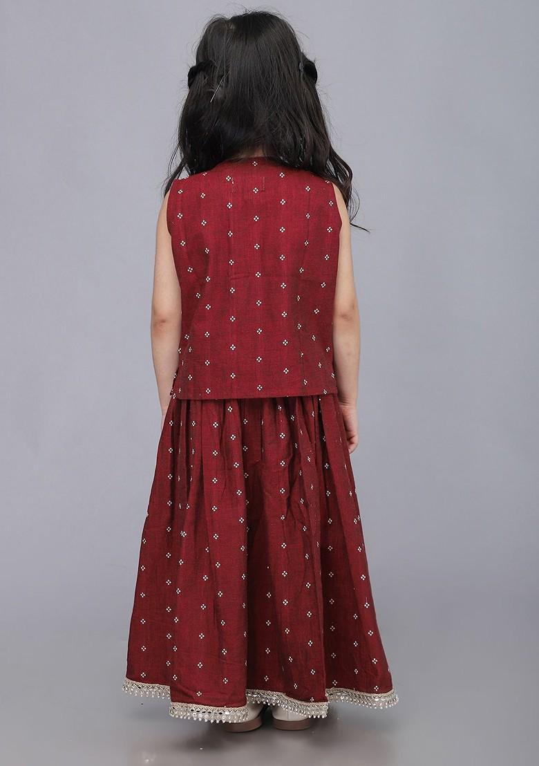 Red Printed Blended Lehenga Choli For Girls - Indya