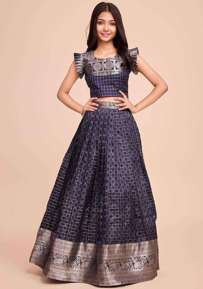 Navy Blue Embroidered Blended Lehenga Choli For Girls - Indya
