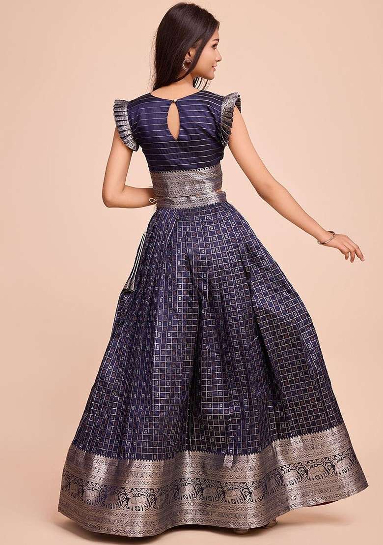 Navy Blue Embroidered Blended Lehenga Choli For Girls - Indya