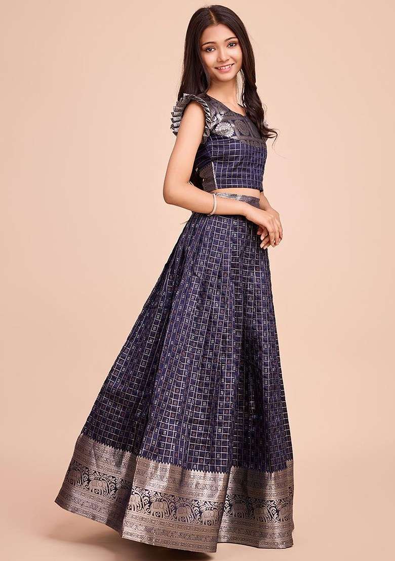 Navy Blue Embroidered Blended Lehenga Choli For Girls - Indya