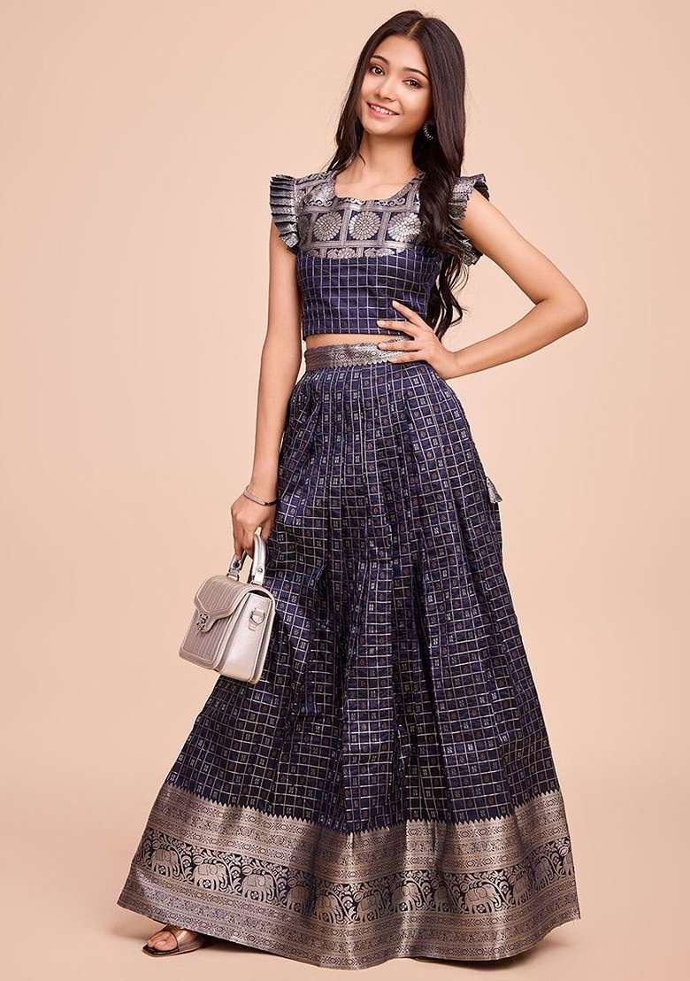 Navy Blue Embroidered Blended Lehenga Choli For Girls - Indya