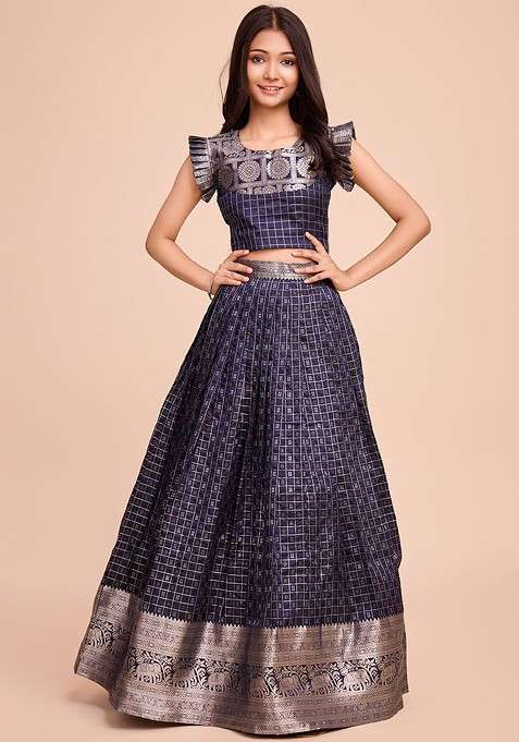 Navy Blue Embroidered Blended Lehenga Choli For Girls