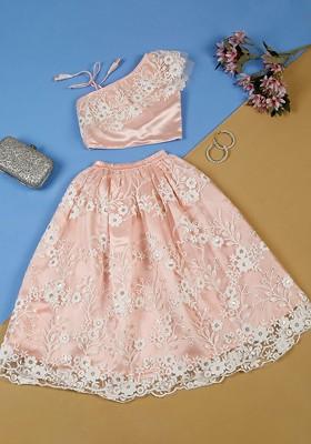 Peach Embroidered Blended Lehenga Choli For Girls