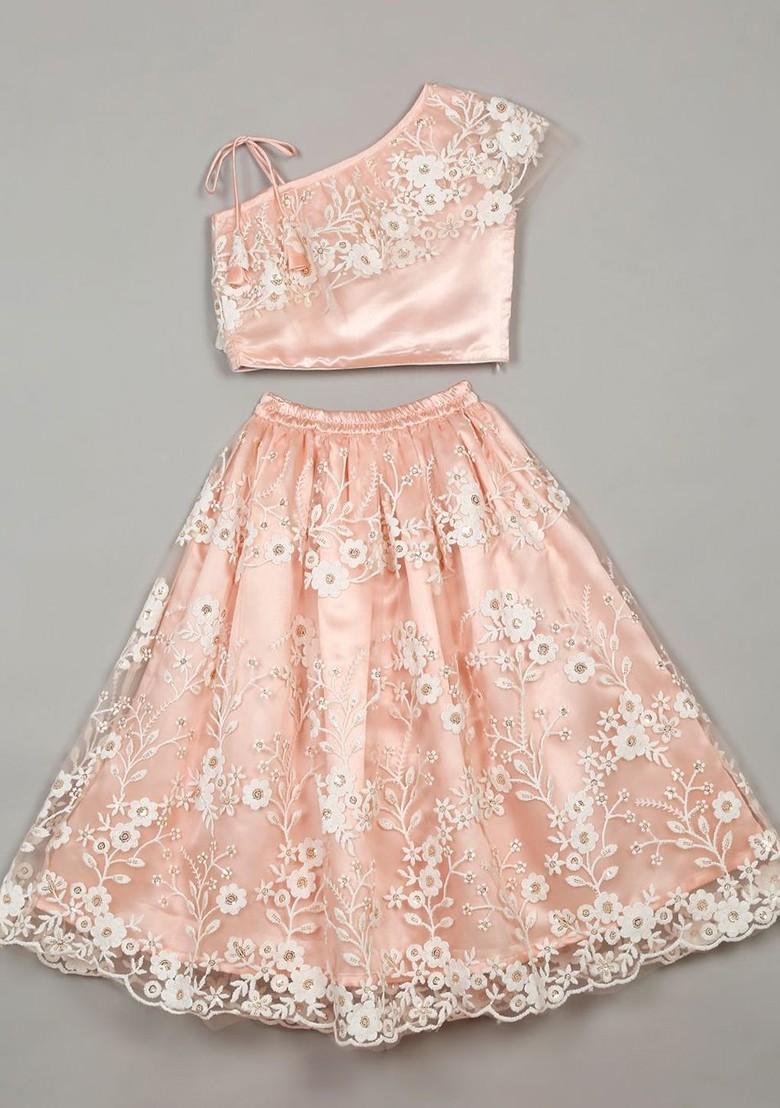 Peach Embroidered Blended Lehenga Choli For Girls - Indya