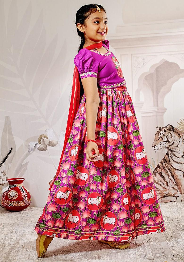 Purple Printed Blended Lehenga Choli For Girls - Indya