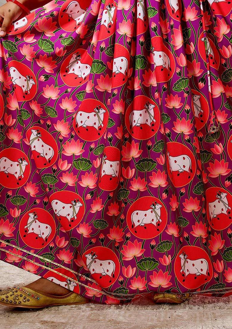 Purple Printed Blended Lehenga Choli For Girls - Indya