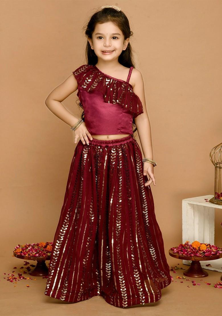 Burgundy Embroidered Blended Lehenga Choli For Girls - Indya