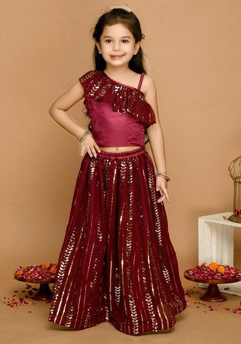 Burgundy Embroidered Blended Lehenga Choli For Girls — view on Indya