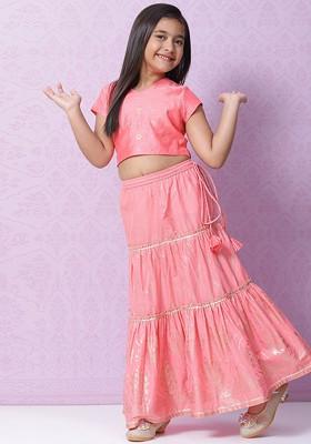 Peach Printed Blended Lehenga Choli For Girls