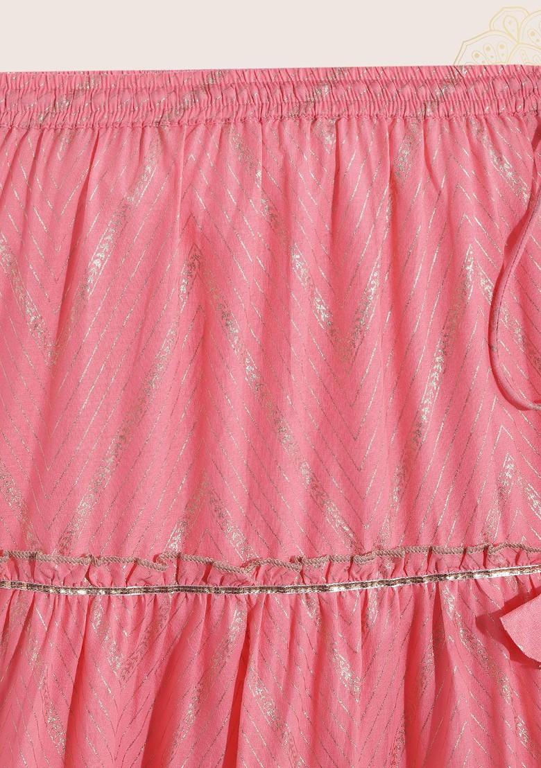 Peach Printed Blended Lehenga Choli For Girls - Indya