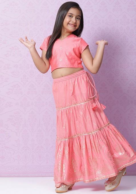 Peach Printed Blended Lehenga Choli For Girls — view on Indya