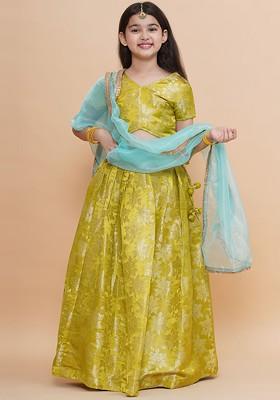 Green Embroidered Silk Lehenga Choli For Girls