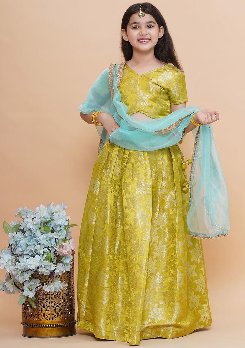 Green Embroidered Silk Lehenga Choli For Girls - Indya