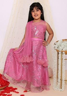 Pink Embellished Blended Lehenga Choli For Girls