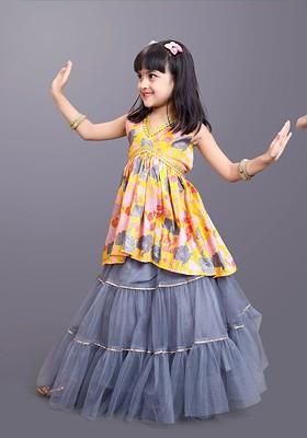 Yellow Printed Georgette Lehenga Choli For Girls