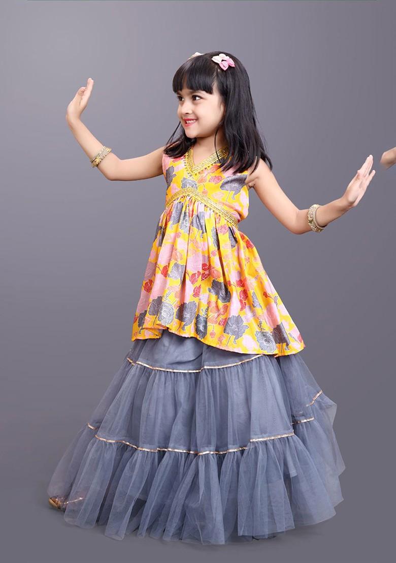 Yellow Printed Georgette Lehenga Choli For Girls - Indya